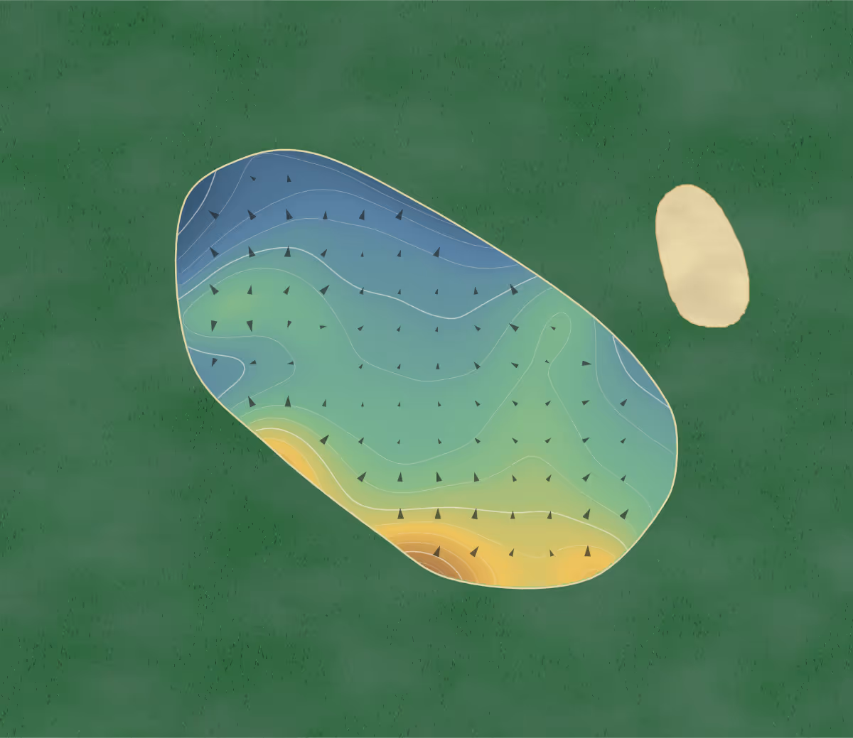 Green contour map of Meadowood Golf and in Fort Pierce, Florida — 150 elevation contours at a 3-inch interval with fall-line arrows, traced from 1-meter lidar