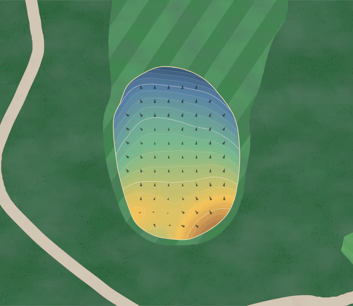Green contour map of Meadows Cc in Moville, Iowa — 103 elevation contours at a 3-inch interval with fall-line arrows, traced from 1-meter lidar