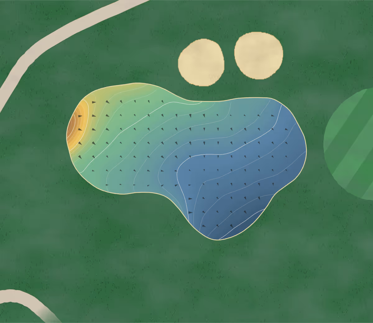 Green contour map of Meadows Golf Club of in Blue Island, Illinois — 154 elevation contours at a 3-inch interval with fall-line arrows, traced from 1-meter lidar