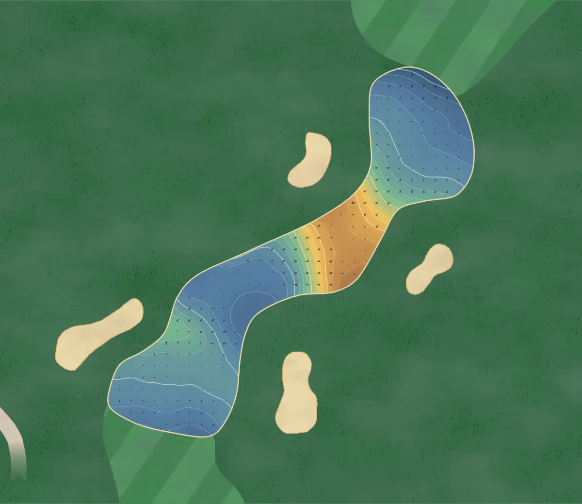 Green contour map of Meadows Golf in Moorhead, Minnesota — 175 elevation contours at a 3-inch interval with fall-line arrows, traced from 1-meter lidar