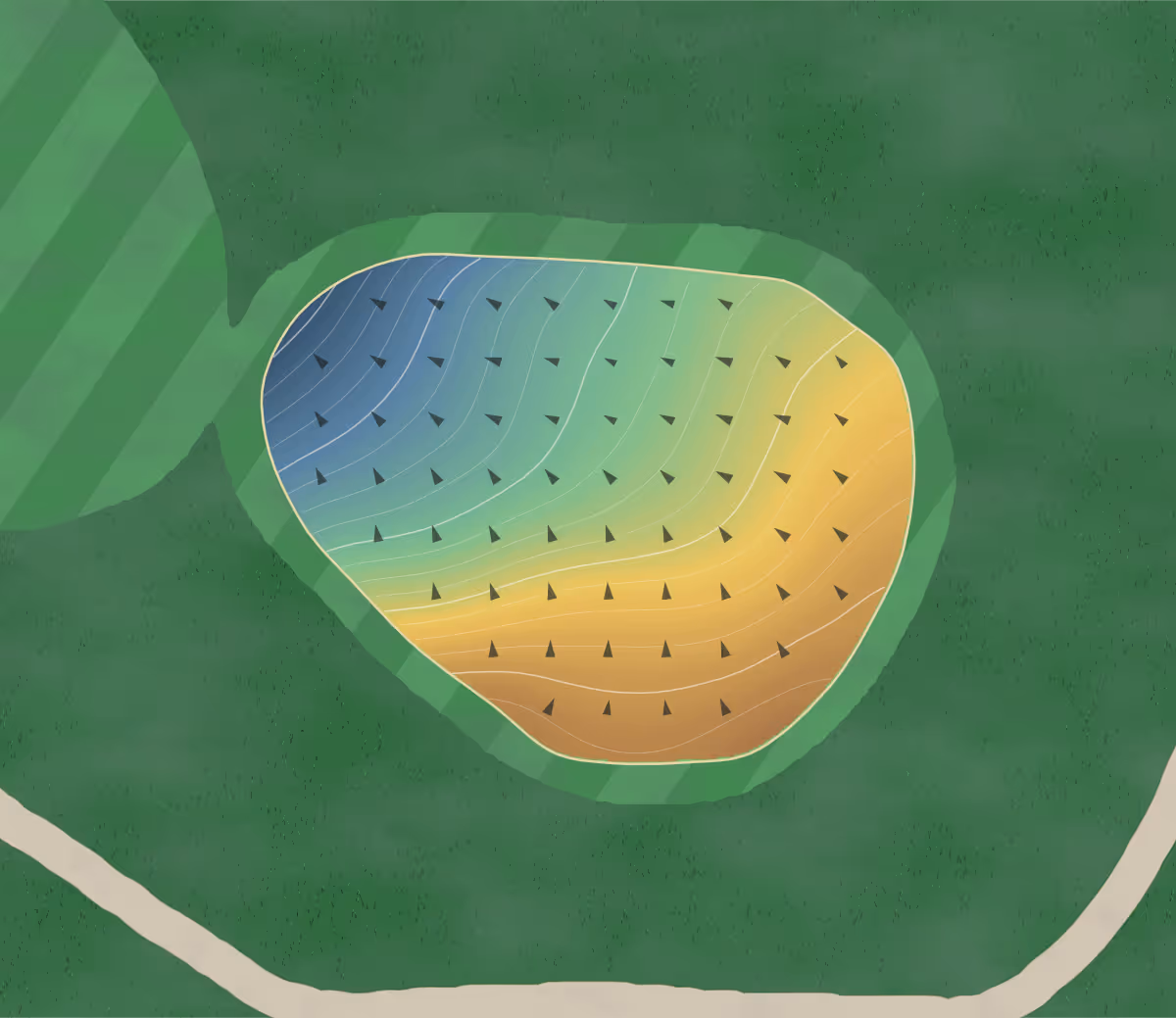 Green contour map of Medal of Honour in Gainesville, Virginia — 206 elevation contours at a 3-inch interval with fall-line arrows, traced from 1-meter lidar