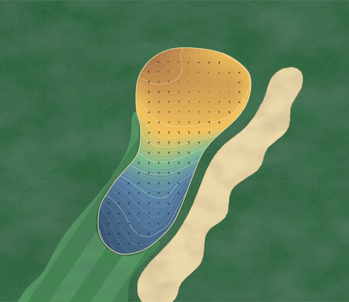 Green contour map of Mellowwood in Yama, Japan: 257 elevation contours at a 8-centimeter interval with fall-line arrows, traced from 1-meter lidar