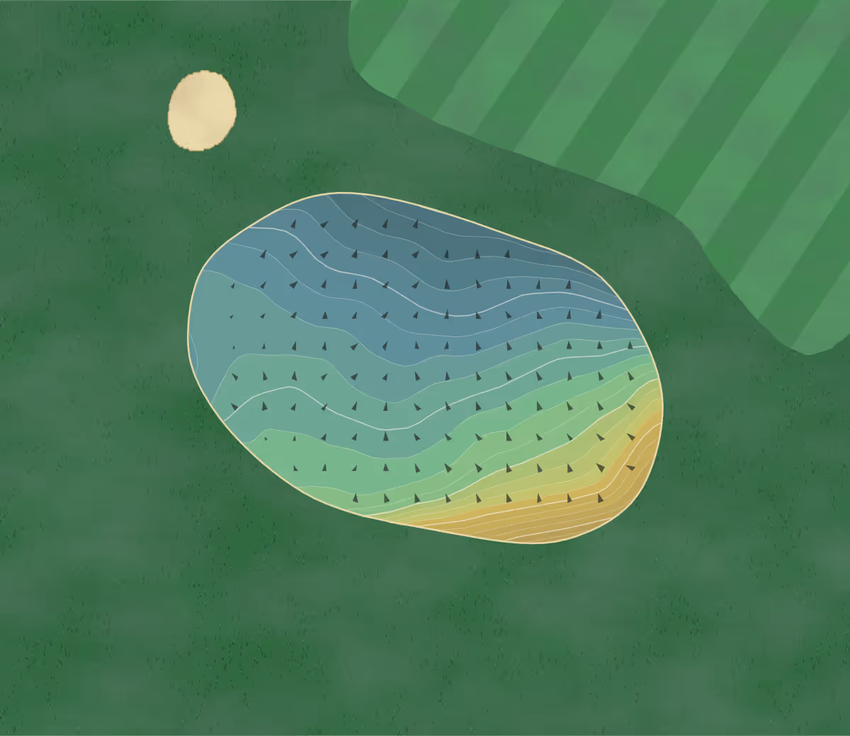 Green contour map of Melrose in Melrose, Scotland — 91 elevation contours at a 8-centimeter interval with fall-line arrows, traced from 1-meter lidar