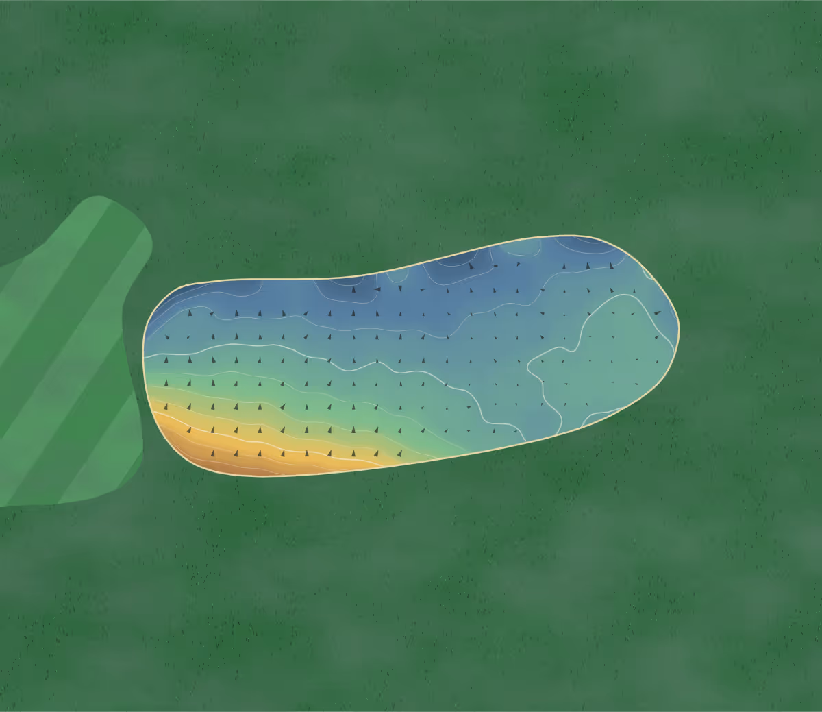 Green contour map of Meltham in Huddersfield, England: 192 elevation contours at a 8-centimeter interval with fall-line arrows, traced from 1-meter lidar