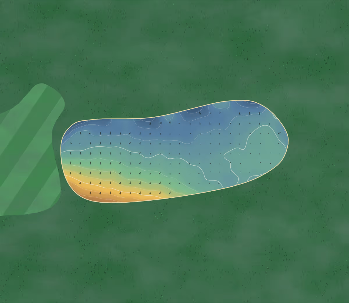 Green contour map of Meltham in Huddersfield, England — 192 elevation contours at a 8-centimeter interval with fall-line arrows, traced from 1-meter lidar