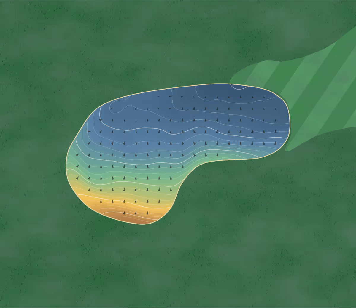 Green contour map of Melville in Melville, Canada: 171 elevation contours at a 8-centimeter interval with fall-line arrows, traced from 1-meter lidar