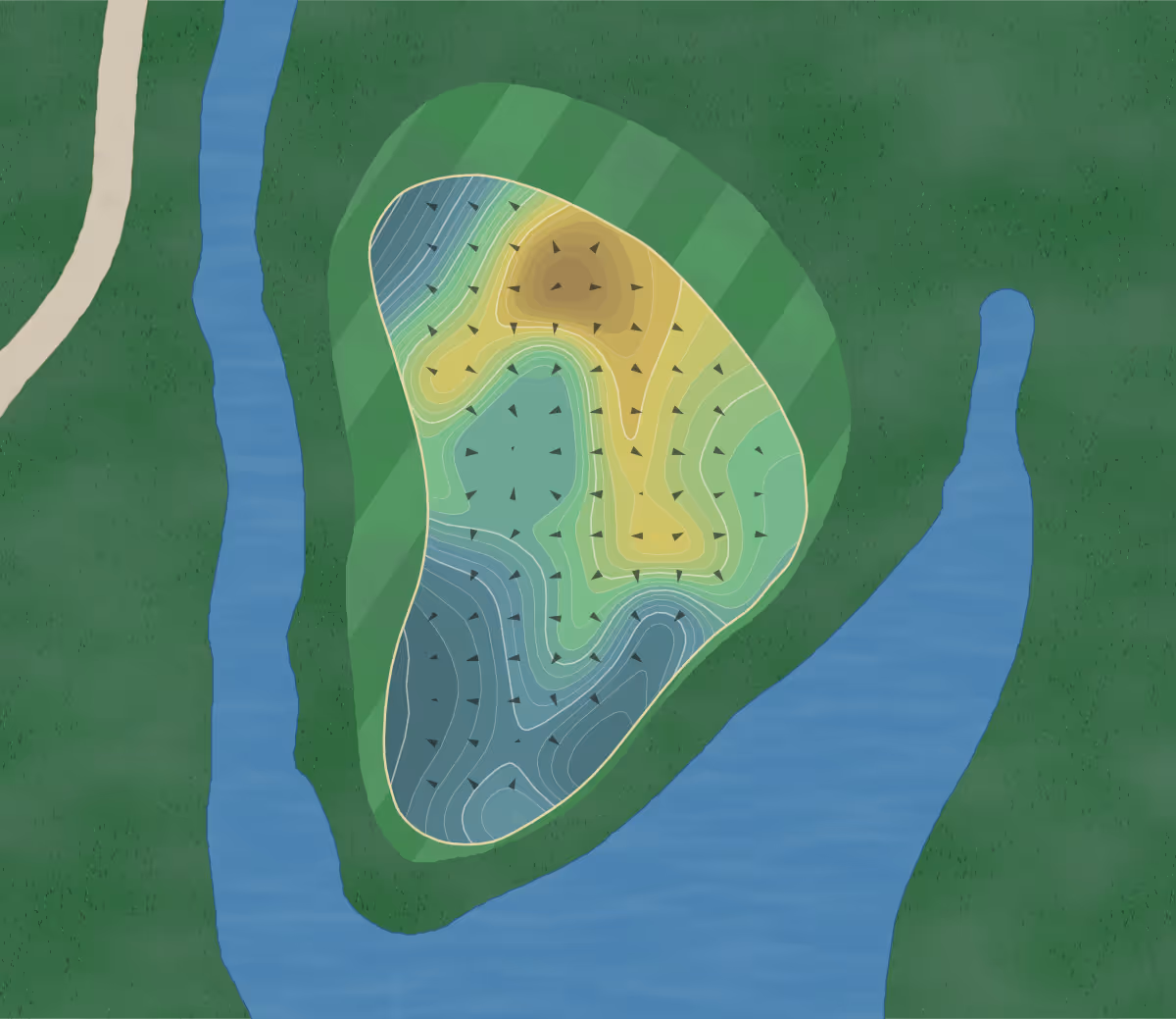 Green contour map of Memorial Park in Houston, Texas — 310 elevation contours at a 3-inch interval with fall-line arrows, traced from 1-meter lidar