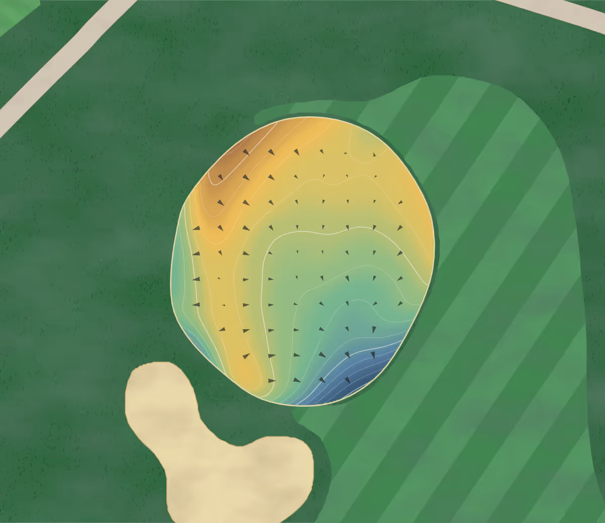 Green contour map of Mendham Golf & Tennis in Mendham, New Jersey — 203 elevation contours at a 3-inch interval with fall-line arrows, traced from 1-meter lidar