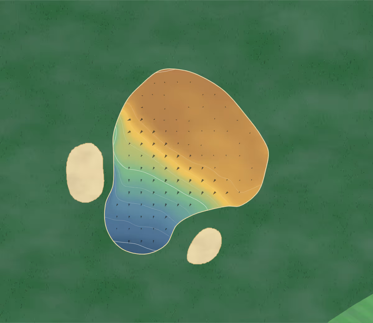 Green contour map of Mendip Spring in Bristol, England: 109 elevation contours at a 8-centimeter interval with fall-line arrows, traced from 1-meter lidar