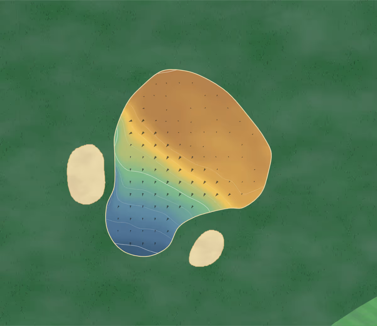 Green contour map of Mendip Spring in Bristol, England — 109 elevation contours at a 8-centimeter interval with fall-line arrows, traced from 1-meter lidar