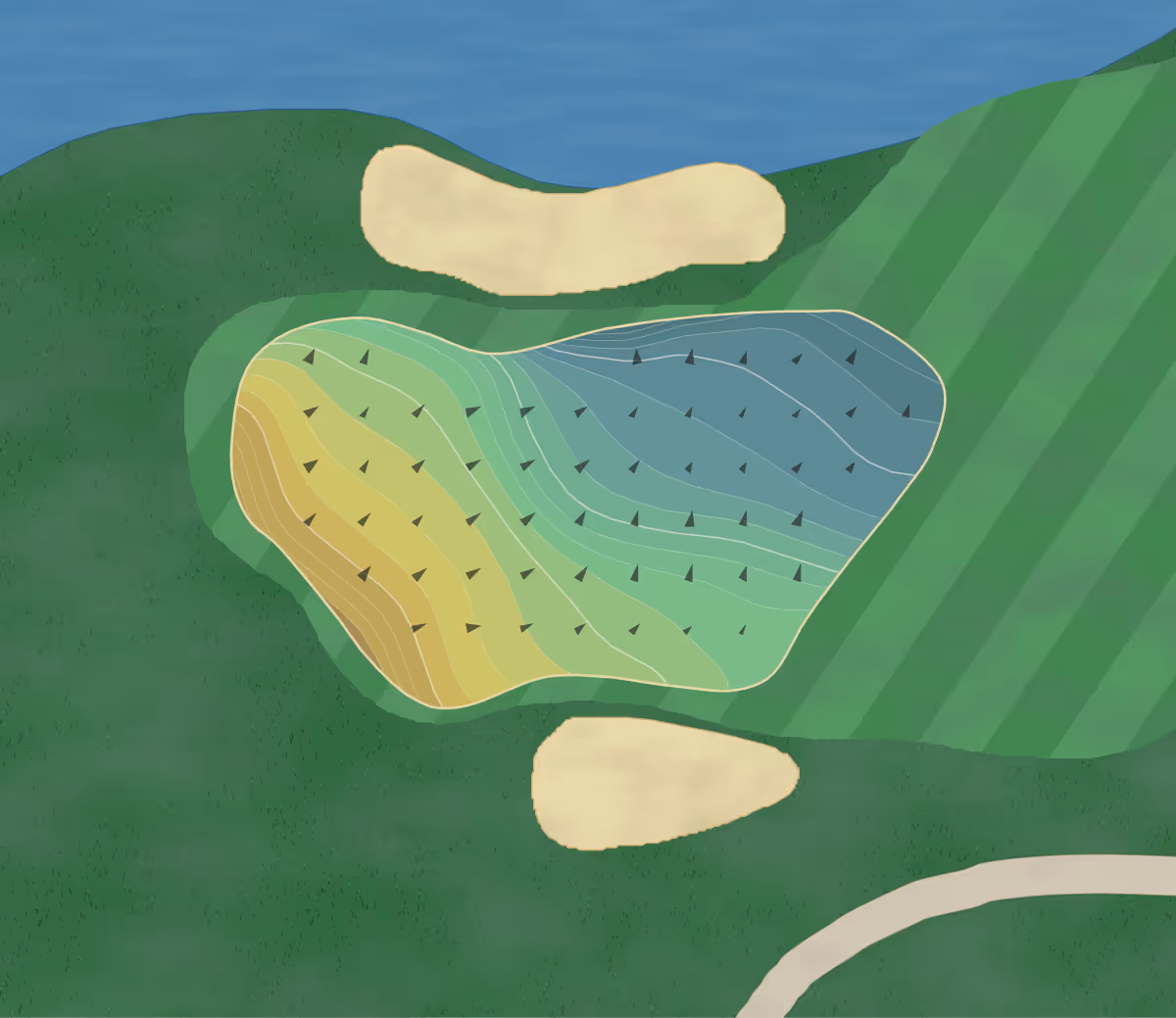 Green contour map of Menifee Lakes in Menifee, California — 318 elevation contours at a 3-inch interval with fall-line arrows, traced from 1-meter lidar