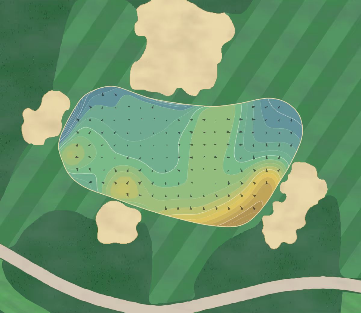 Green contour map of Menlo in Woodside, California — 451 elevation contours at a 3-inch interval with fall-line arrows, traced from 1-meter lidar