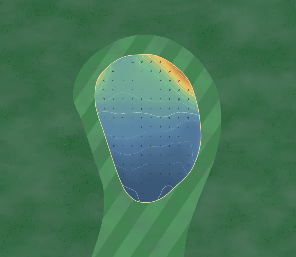 Green contour map of Meole Brace in Shrewsbury, England: 89 elevation contours at a 8-centimeter interval with fall-line arrows, traced from 1-meter lidar
