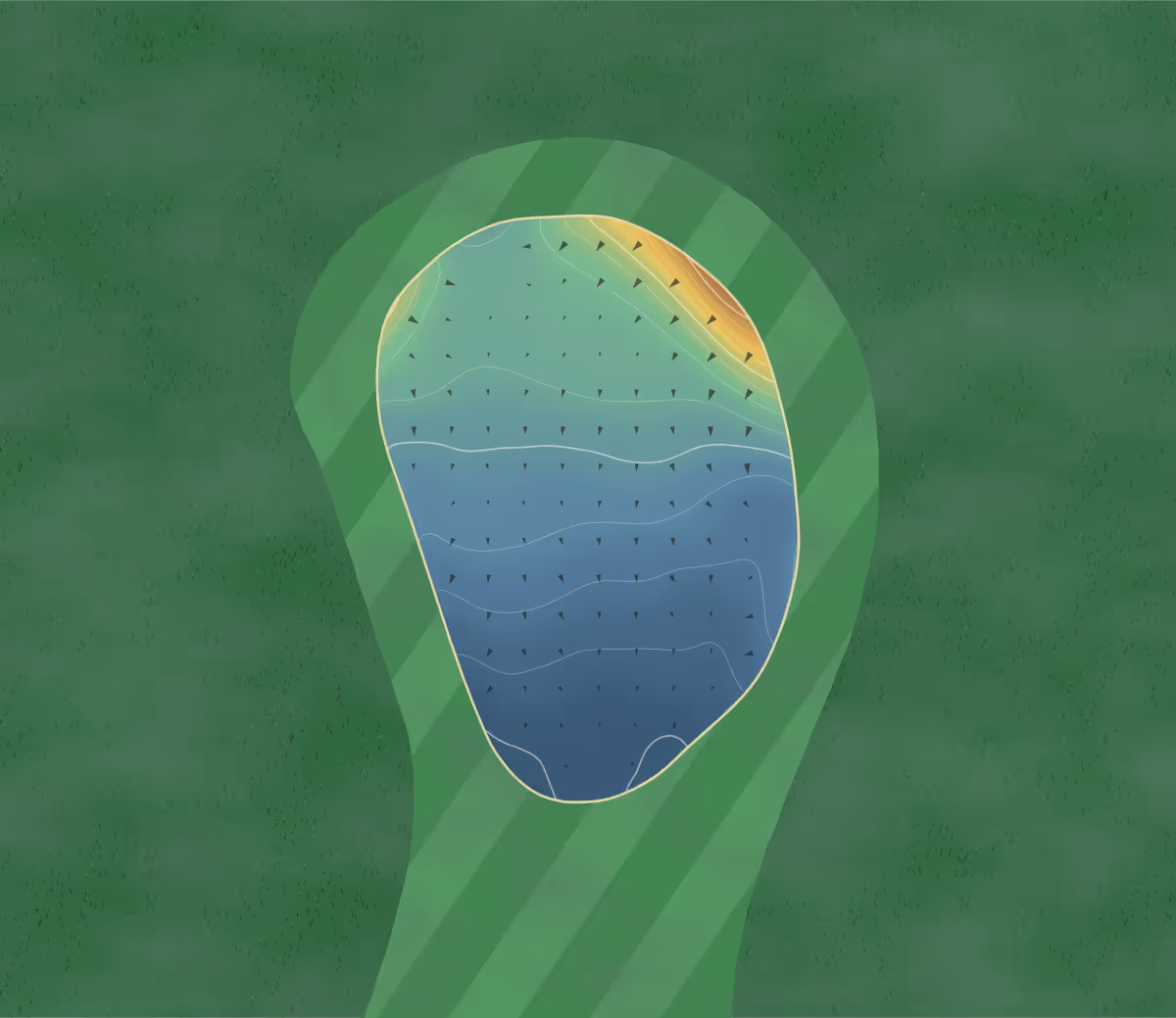 Green contour map of Meole Brace in Shrewsbury, England — 89 elevation contours at a 8-centimeter interval with fall-line arrows, traced from 1-meter lidar