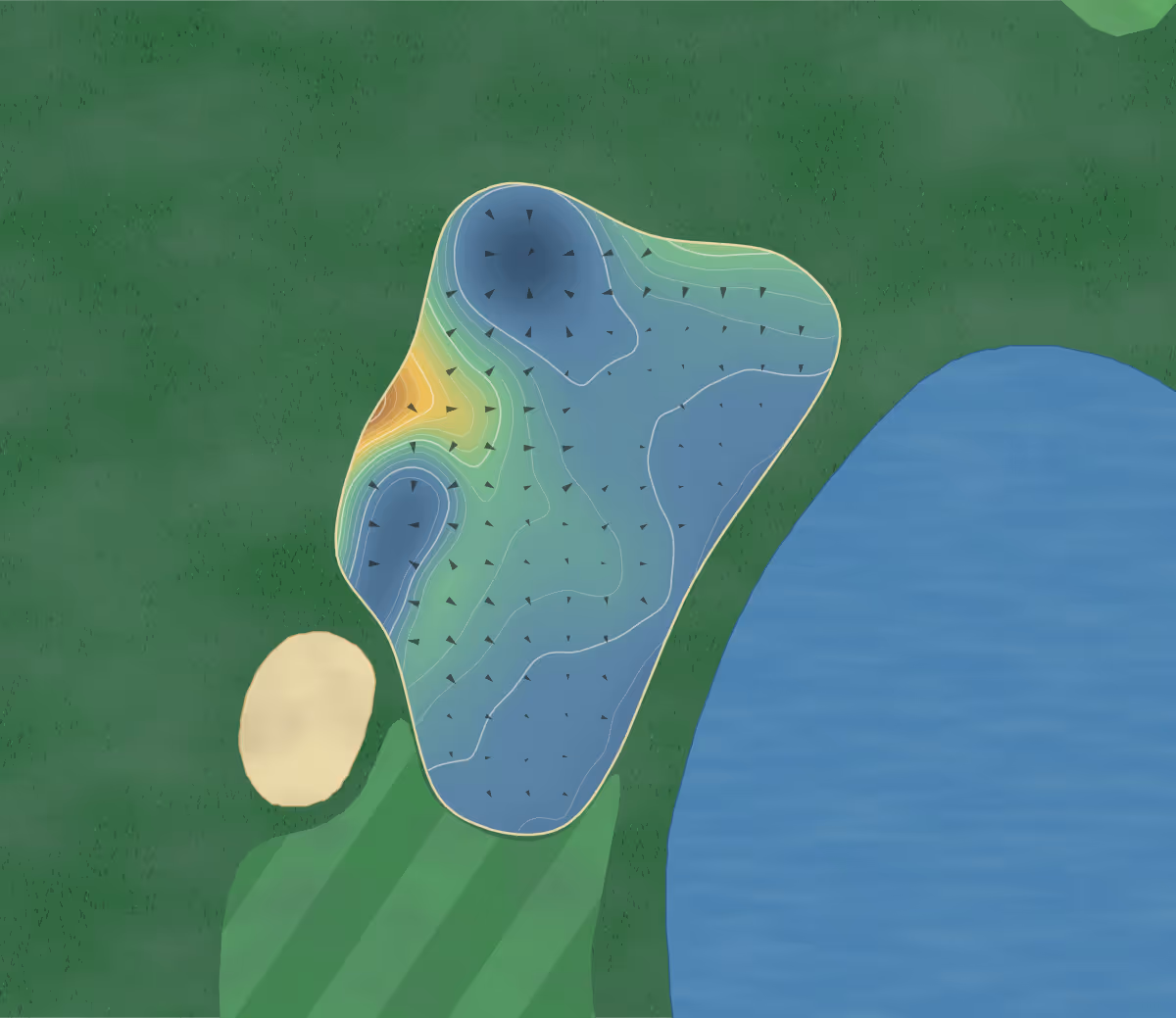 Green contour map of Meridian Hills in Indianapolis, Indiana: 223 elevation contours at a 3-inch interval with fall-line arrows, traced from 1-meter lidar