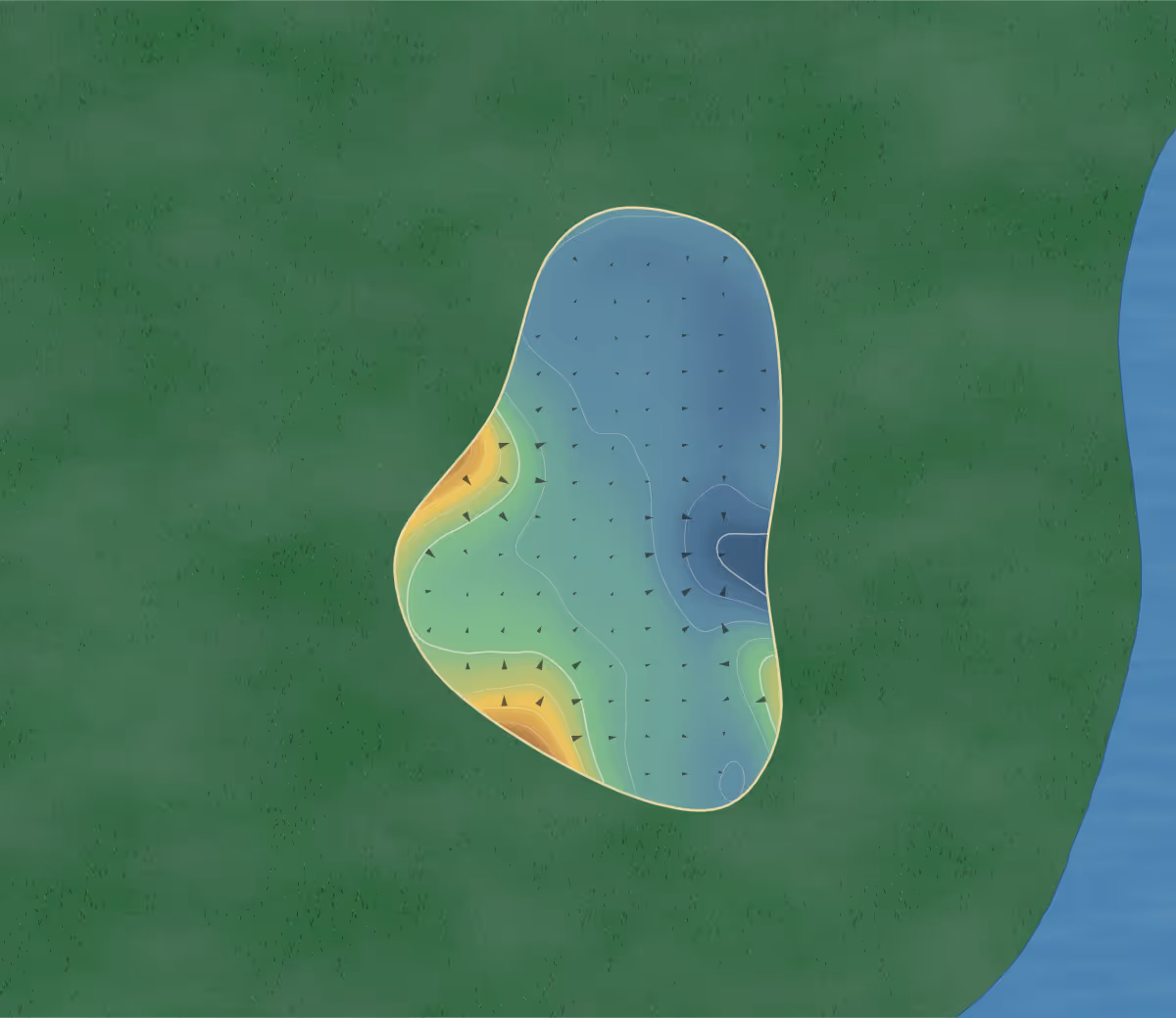 Green contour map of Merrist Wood in Guildford, England: 97 elevation contours at a 8-centimeter interval with fall-line arrows, traced from 1-meter lidar