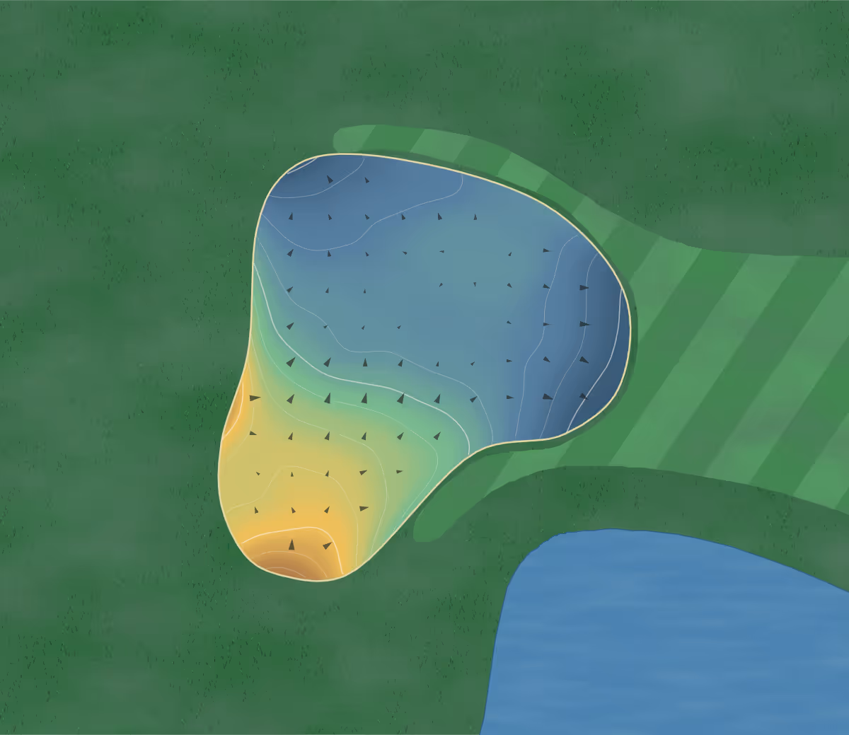 Green contour map of Mesa Del Sol in Yuma, Arizona — 176 elevation contours at a 3-inch interval with fall-line arrows, traced from 1-meter lidar
