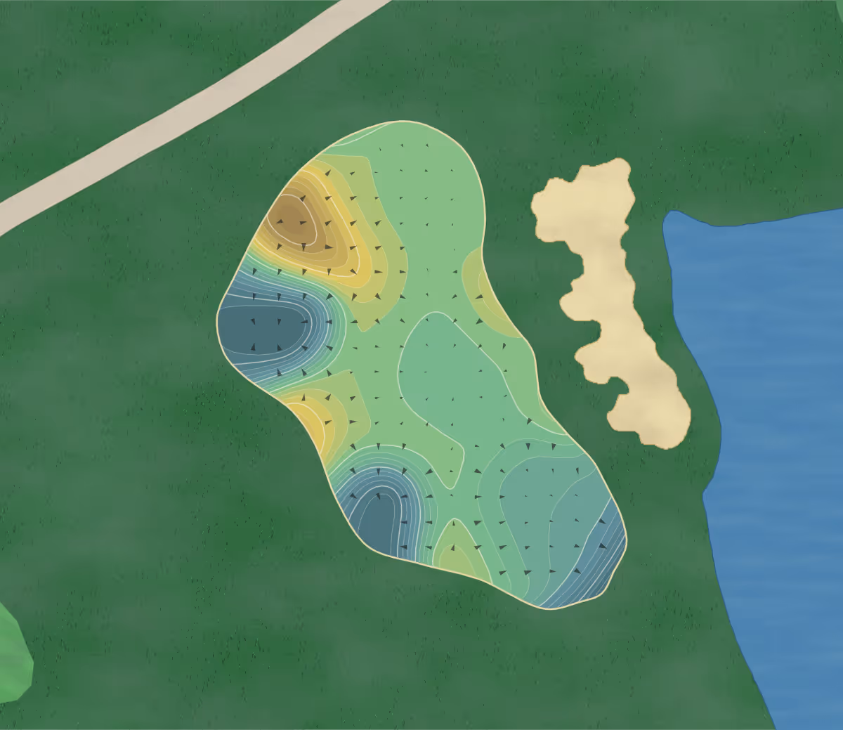 Green contour map of Metedeconk National in Jackson, New Jersey — 296 elevation contours at a 3-inch interval with fall-line arrows, traced from 1-meter lidar