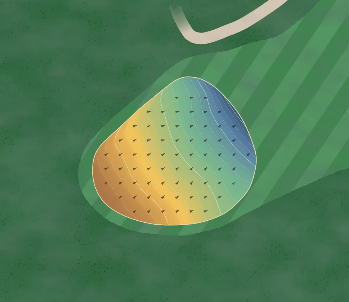 Green contour map of Meyrick Park in Bournemouth, England — 141 elevation contours at a 8-centimeter interval with fall-line arrows, traced from 1-meter lidar