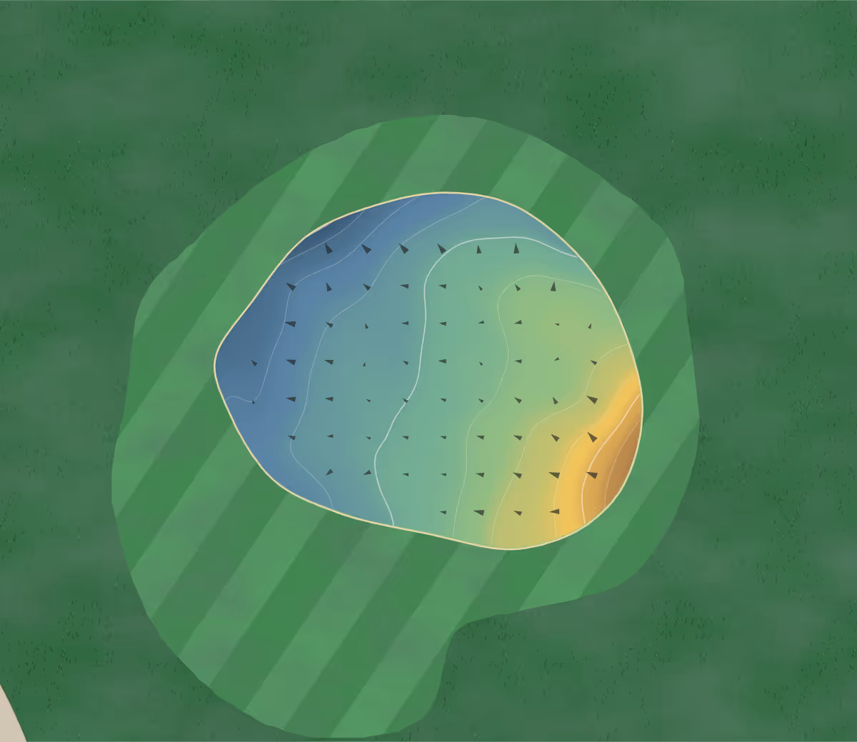 Green contour map of Michipicoten in Goulais River, Canada: 40 elevation contours at a 8-centimeter interval with fall-line arrows, traced from 1-meter lidar