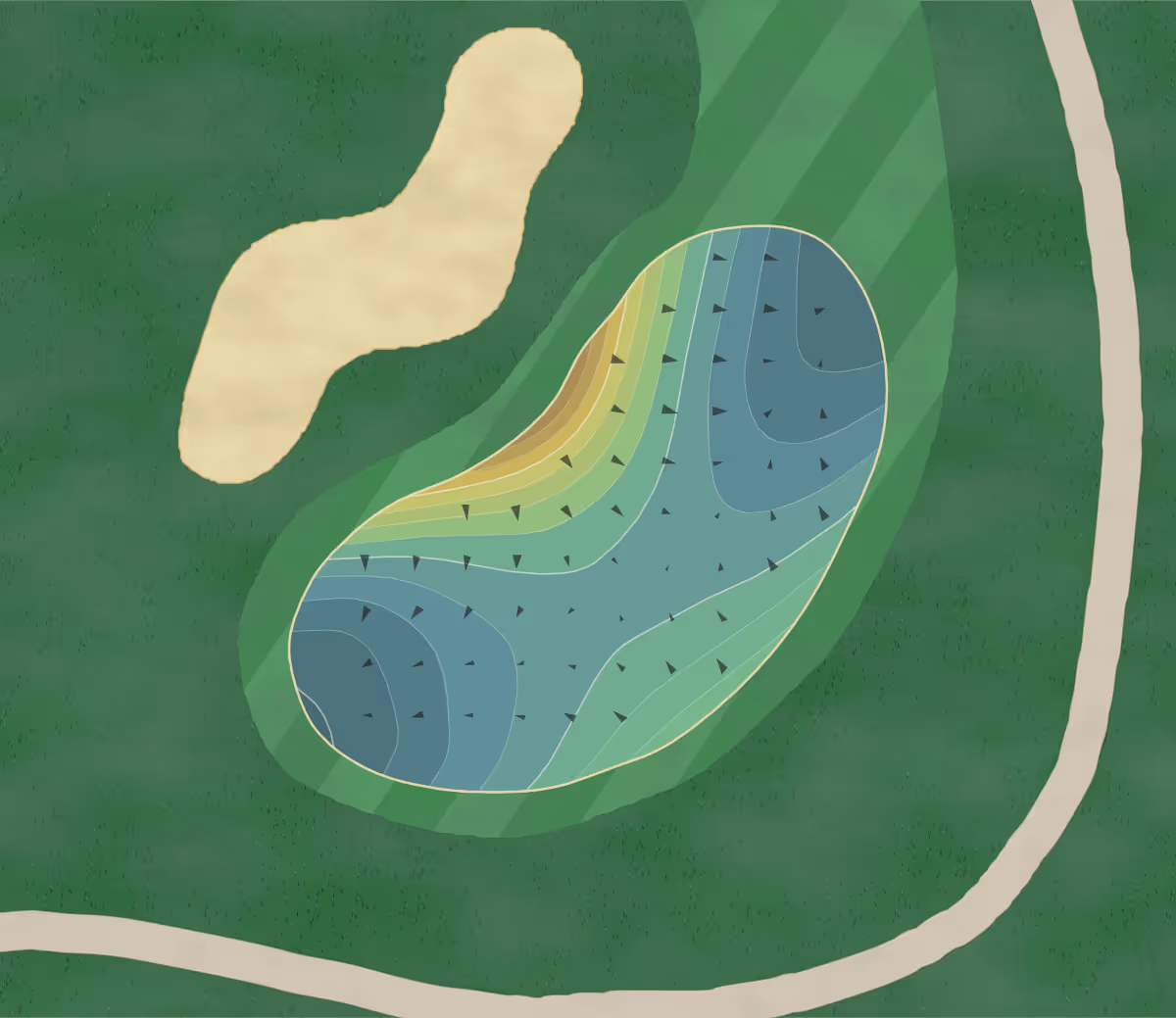 Green contour map of Micke Grove in Lodi, California — 173 elevation contours at a 3-inch interval with fall-line arrows, traced from 1-meter lidar