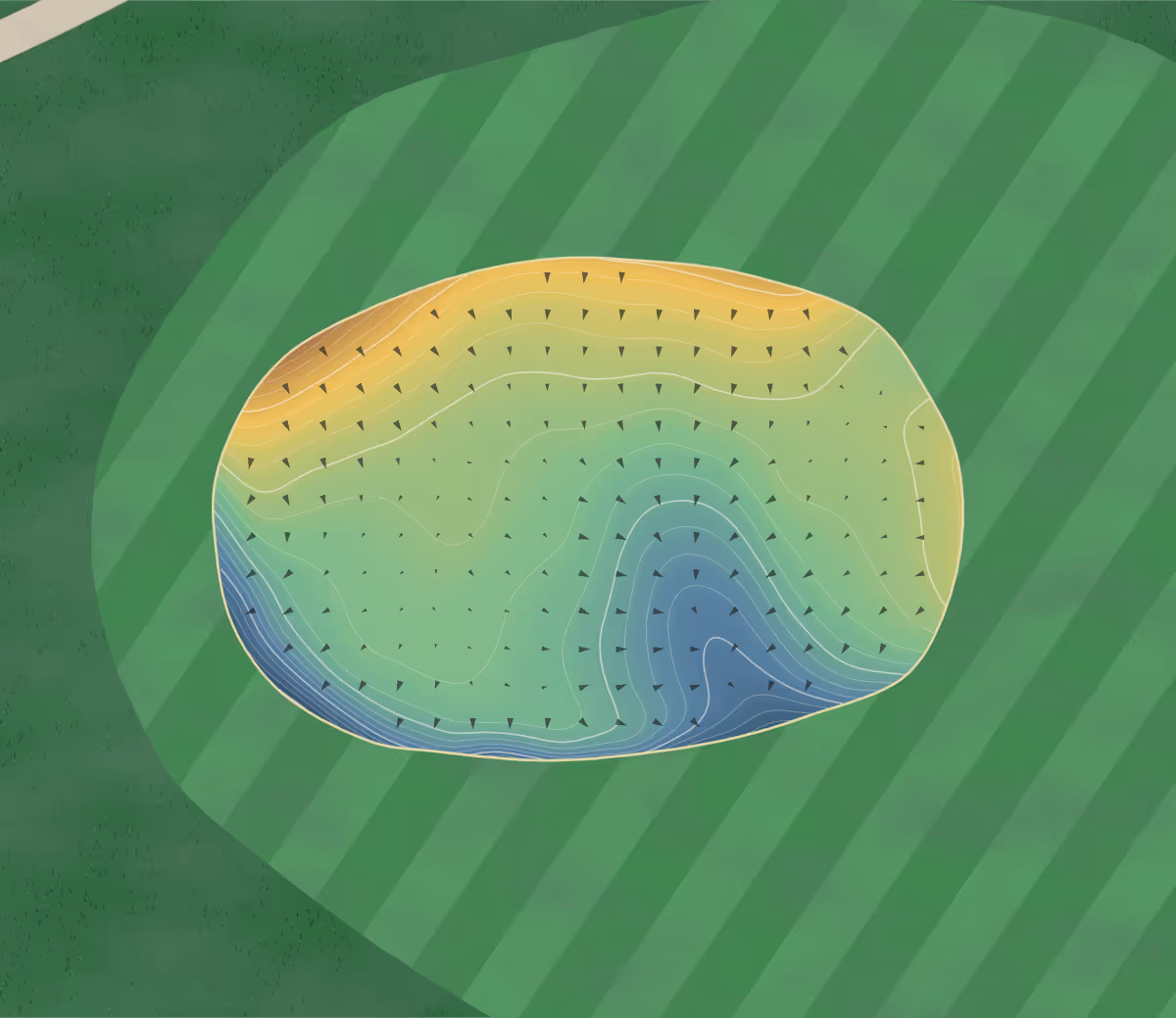 Green contour map of Mickelson National in Calgary, Canada — 345 elevation contours at a 8-centimeter interval with fall-line arrows, traced from 1-meter lidar