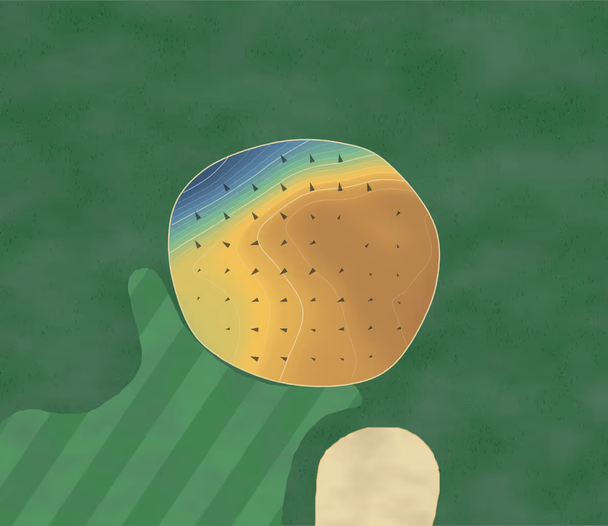 Green contour map of Mickey Creek in Vinton, Canada: 56 elevation contours at a 8-centimeter interval with fall-line arrows, traced from 1-meter lidar