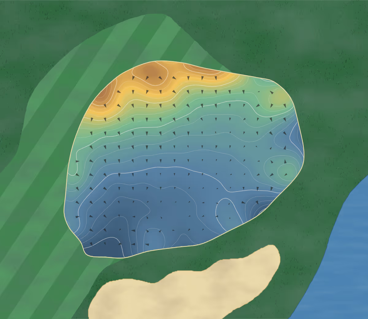 Green contour map of Mid South in Pinehurst, North Carolina — 298 elevation contours at a 3-inch interval with fall-line arrows, traced from 1-meter lidar