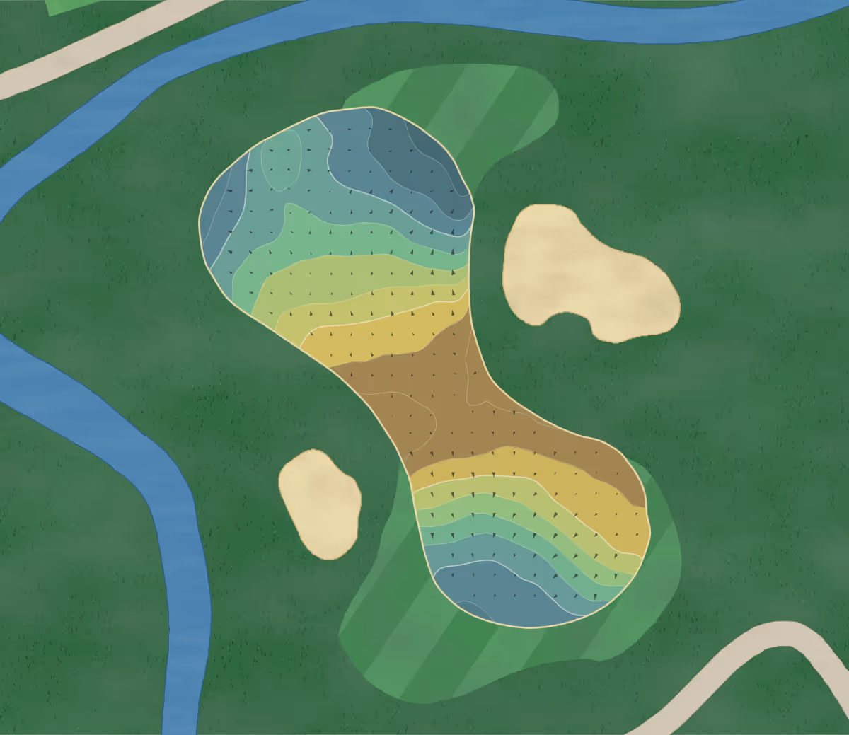 Green contour map of Midland in Midland, Michigan — 202 elevation contours at a 3-inch interval with fall-line arrows, traced from 1-meter lidar