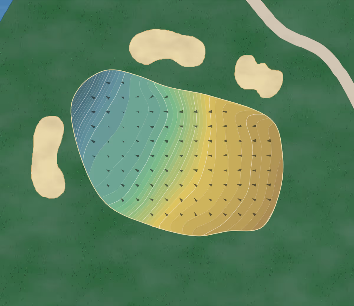Green contour map of Midvale CC in Penfield, New York — 216 elevation contours at a 3-inch interval with fall-line arrows, traced from 1-meter lidar