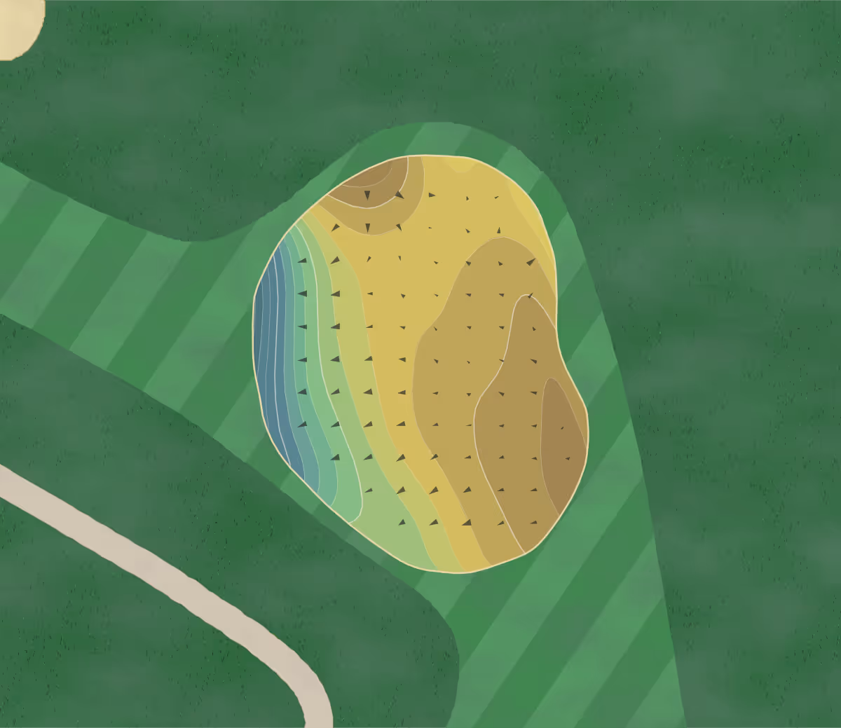 Green contour map of Midville CC in West Warwick, Rhode Island — 99 elevation contours at a 3-inch interval with fall-line arrows, traced from 1-meter lidar
