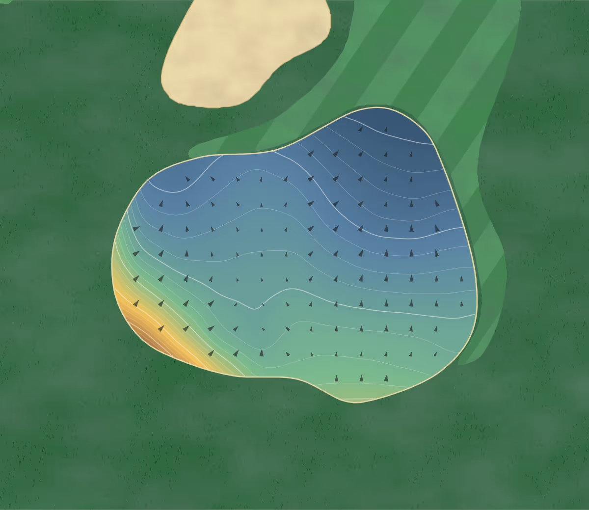 Green contour map of Mikinosato in Mori, Japan: 120 elevation contours at a 8-centimeter interval with fall-line arrows, traced from 1-meter lidar