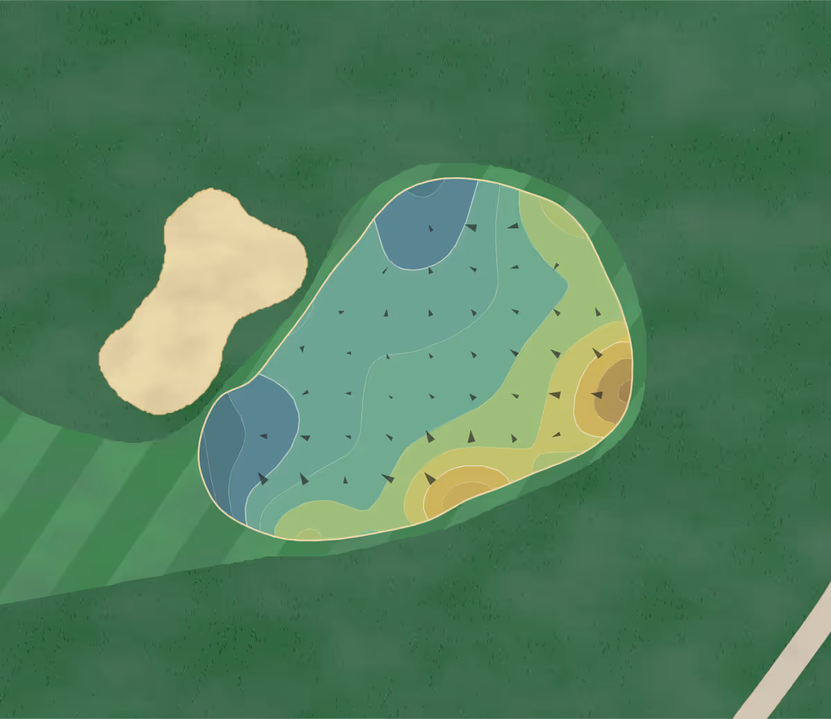 Green contour map of Milan Golf and Country Club in Milan, Tennessee — 148 elevation contours at a 3-inch interval with fall-line arrows, traced from 1-meter lidar