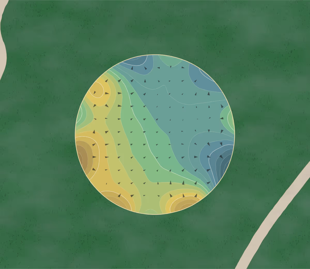 Green contour map of Mile Square in Fountain Valley, California — 186 elevation contours at a 3-inch interval with fall-line arrows, traced from 1-meter lidar