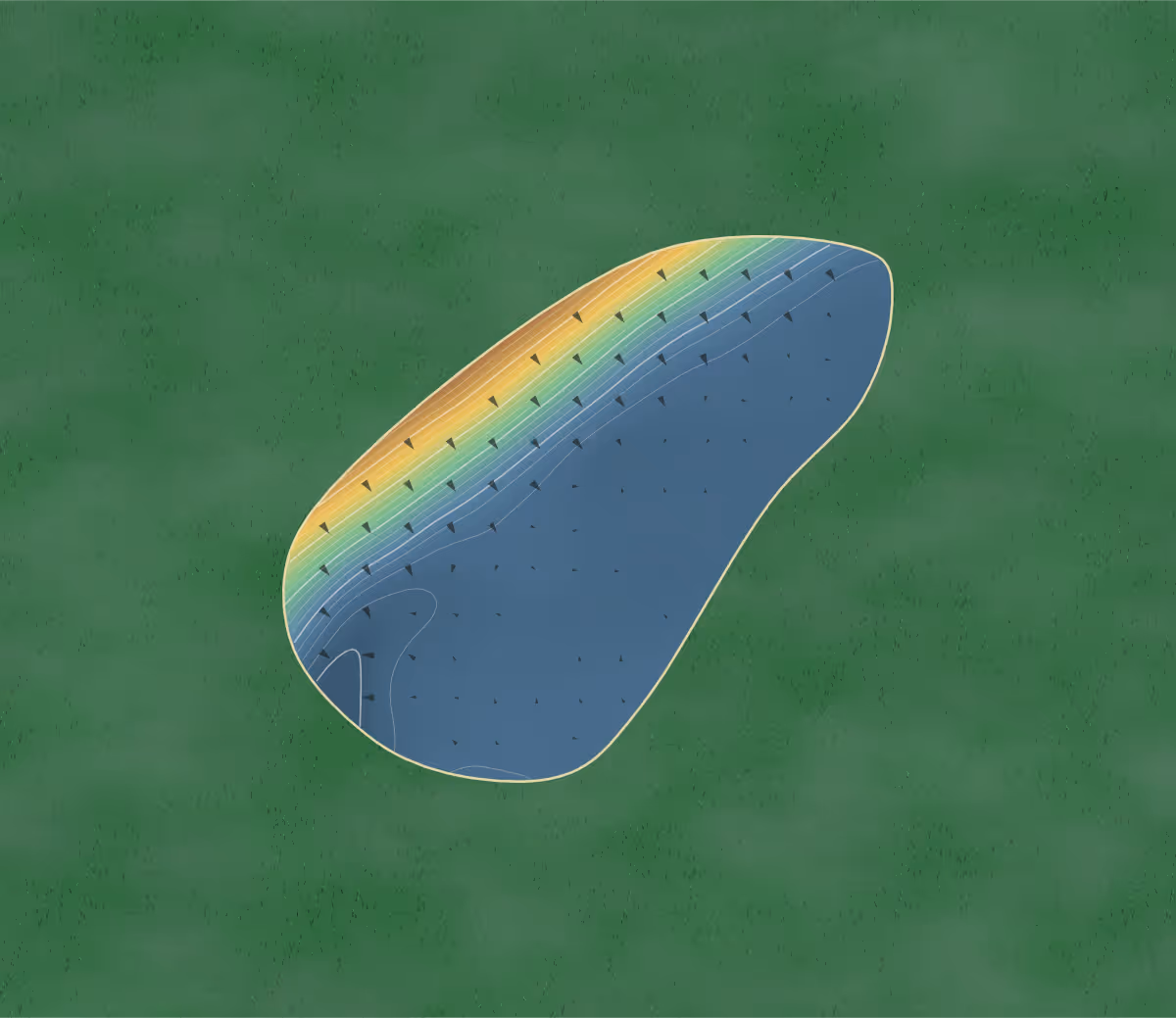 Green contour map of Milford Haven in Pembs., Wales: 214 elevation contours at a 8-centimeter interval with fall-line arrows, traced from 1-meter lidar