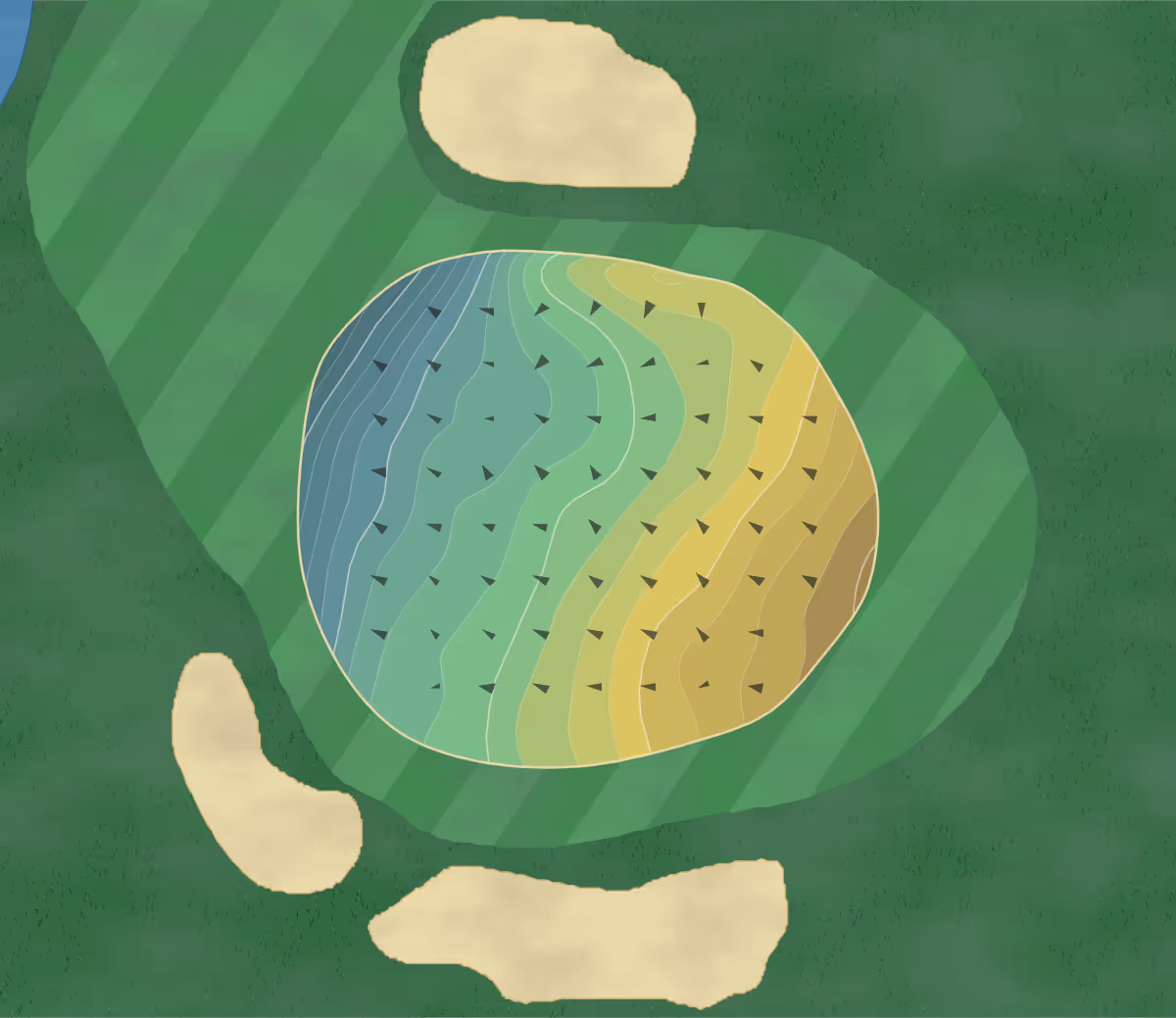 Green contour map of Milham Park in Kalamazoo, Michigan — 182 elevation contours at a 3-inch interval with fall-line arrows, traced from 1-meter lidar