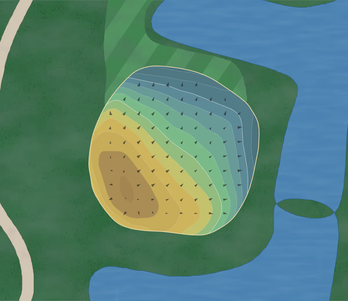 Green contour map of Mill Creek in Ostrander, Ohio — 194 elevation contours at a 3-inch interval with fall-line arrows, traced from 1-meter lidar