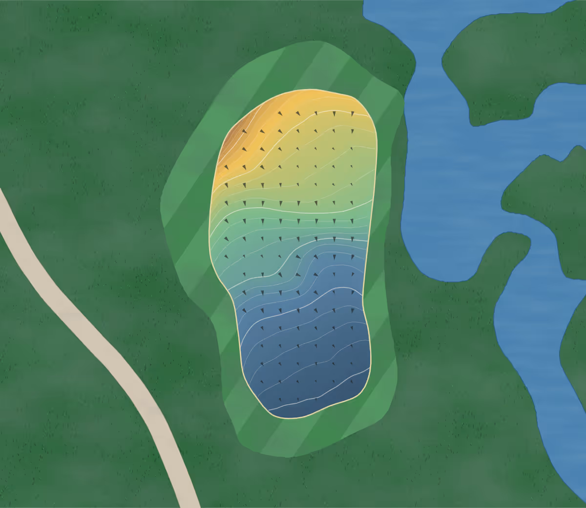 Green contour map of Mill Creek in Churchville, New York — 218 elevation contours at a 3-inch interval with fall-line arrows, traced from 1-meter lidar