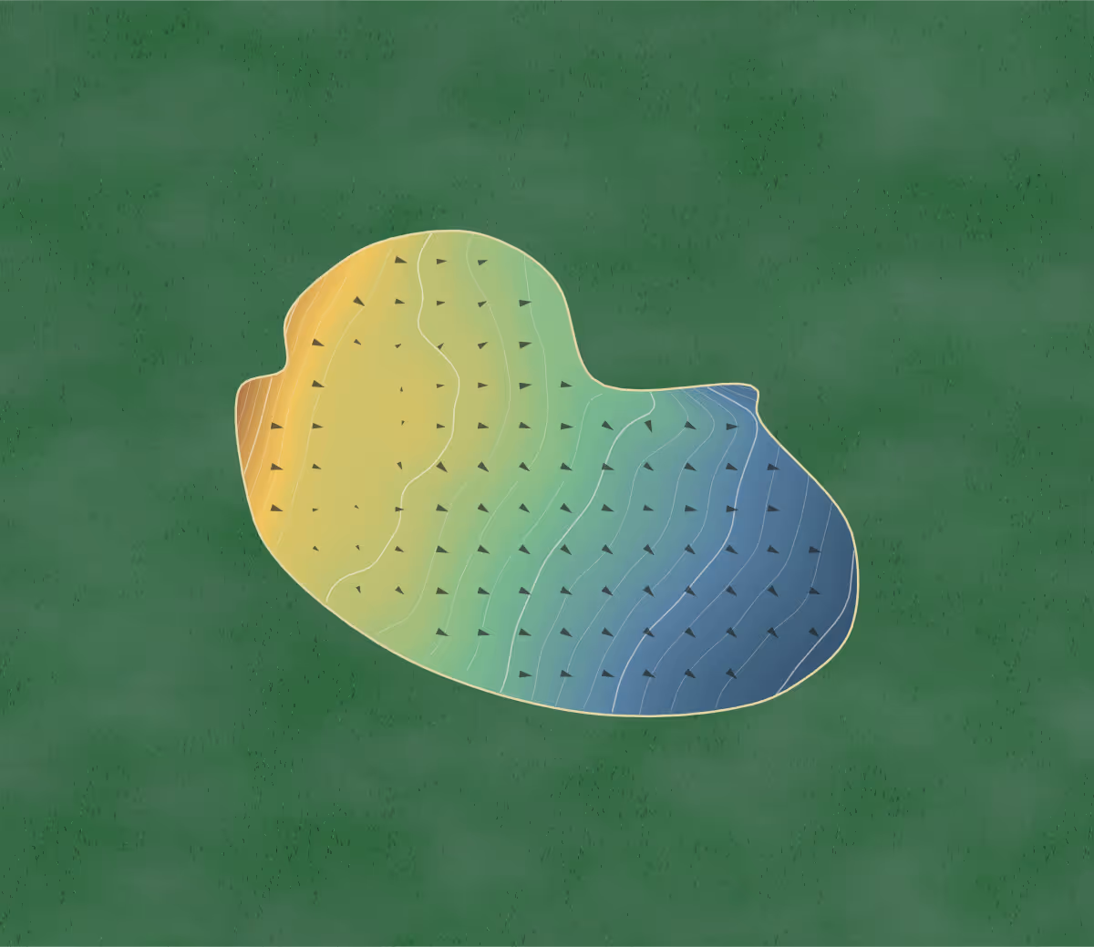 Green contour map of Mill Green in Welwyn Garden City, England — 150 elevation contours at a 8-centimeter interval with fall-line arrows, traced from 1-meter lidar