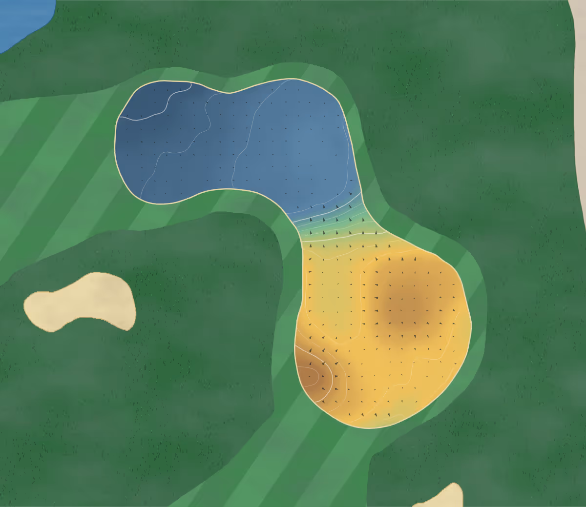 Green contour map of Mill Ride in Ascot, United Kingdom — 150 elevation contours at a 8-centimeter interval with fall-line arrows, traced from 1-meter lidar