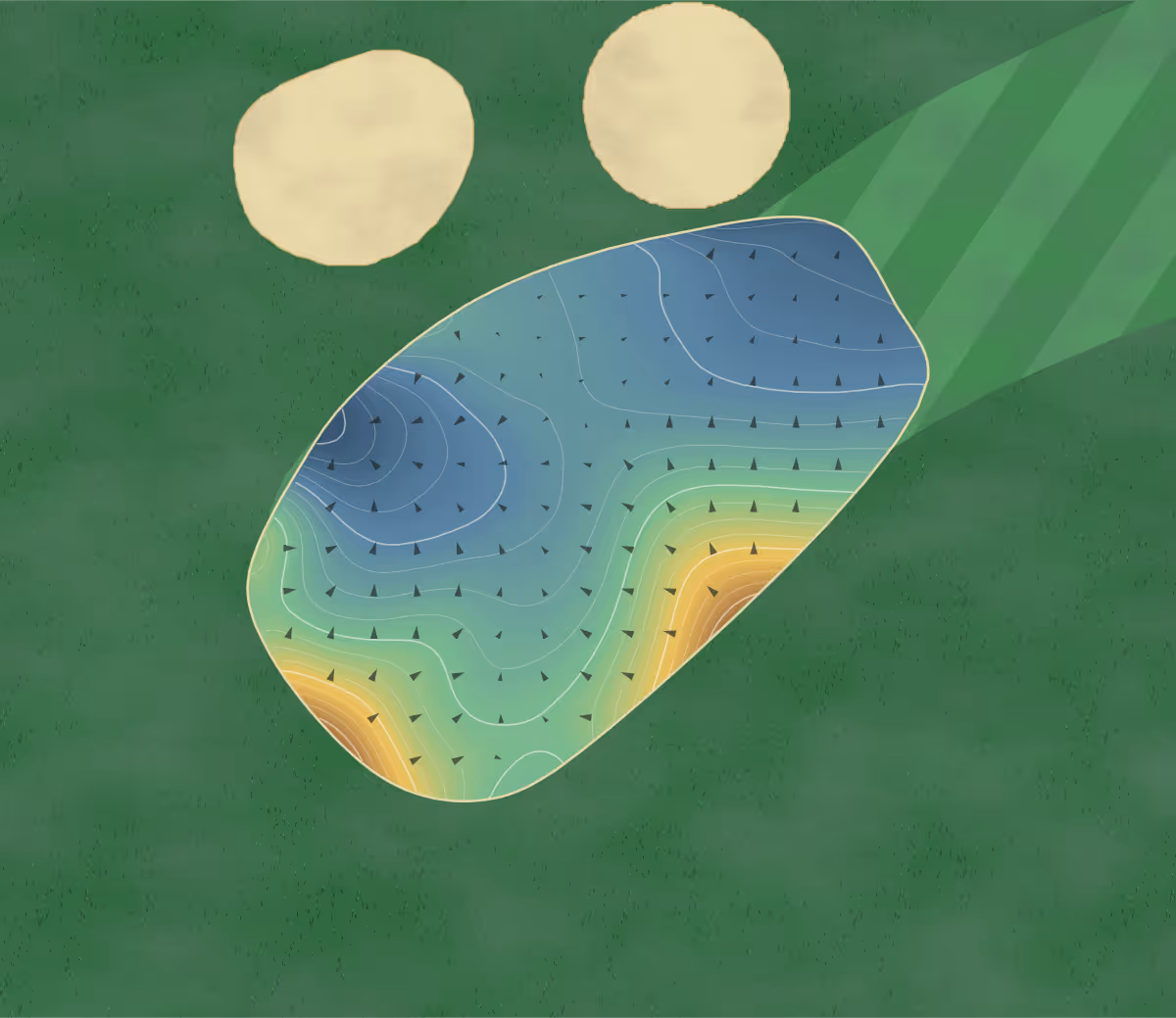 Green contour map of Mill River in Woodstock, Canada: 315 elevation contours at a 8-centimeter interval with fall-line arrows, traced from 1-meter lidar