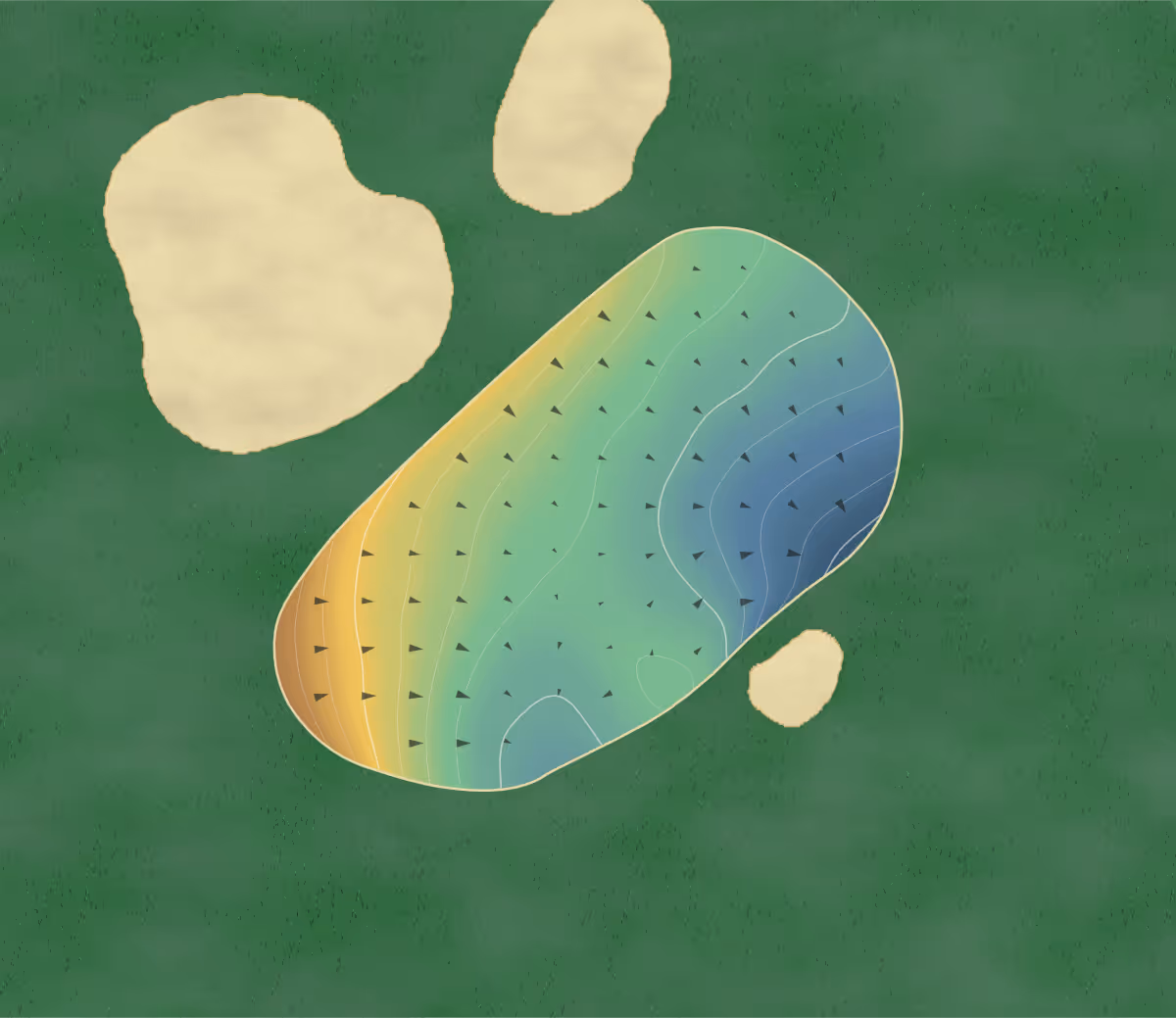 Green contour map of Millcroft in Burlington, Canada — 147 elevation contours at a 8-centimeter interval with fall-line arrows, traced from 1-meter lidar