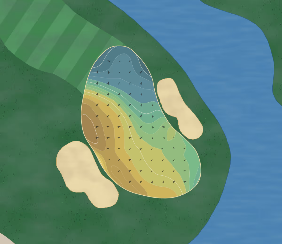 Green contour map of Miller Course in Montgomery, Texas — 170 elevation contours at a 3-inch interval with fall-line arrows, traced from 1-meter lidar