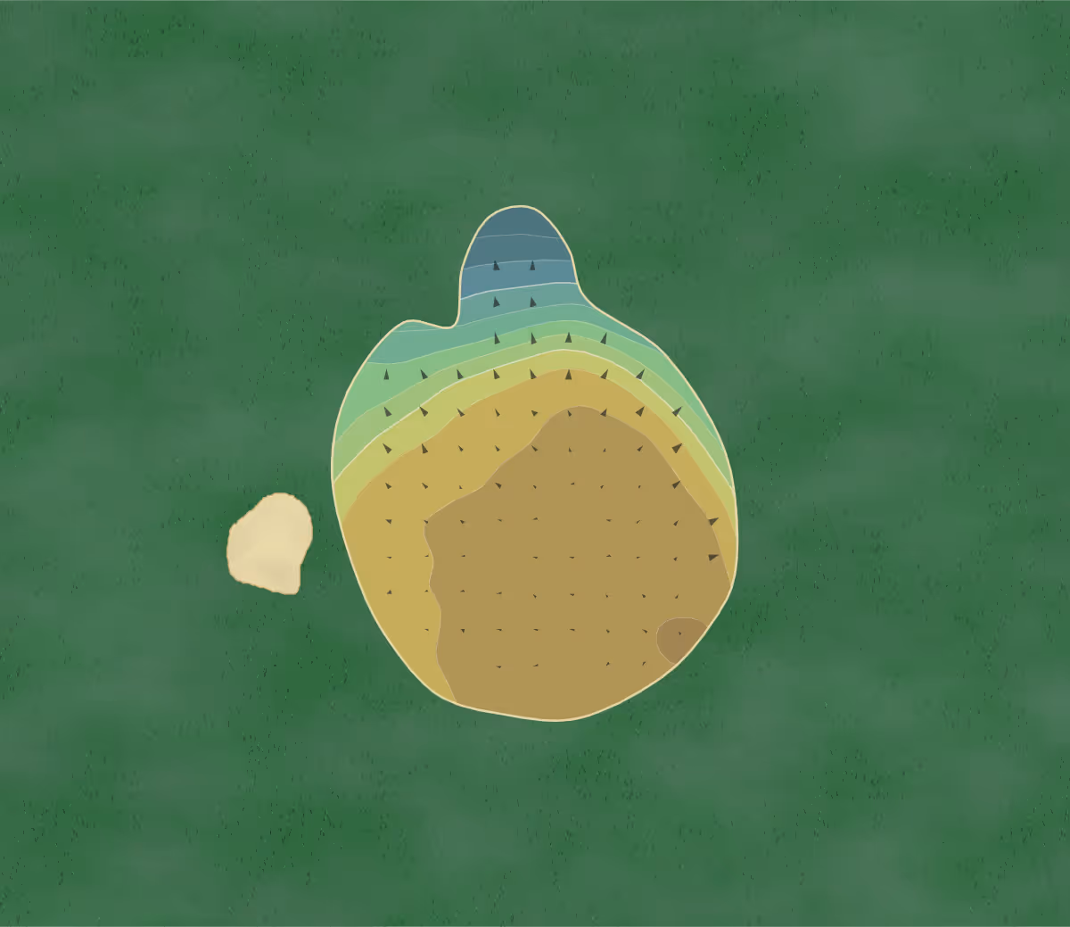 Green contour map of Millers Barn in Clacton-on-Sea, England — 67 elevation contours at a 8-centimeter interval with fall-line arrows, traced from 1-meter lidar