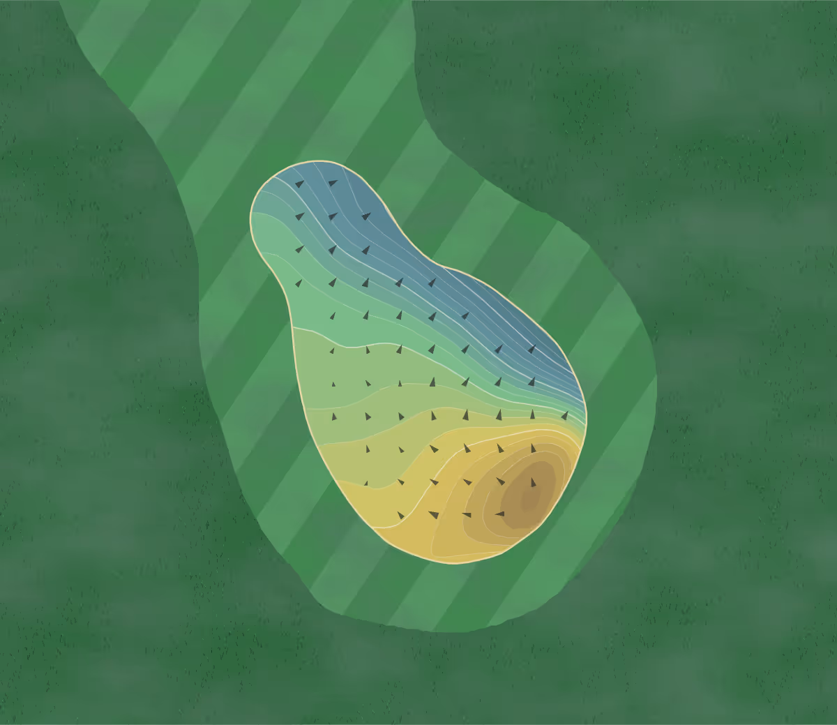 Green contour map of Millers Glen in Howards Grove, Wisconsin — 133 elevation contours at a 3-inch interval with fall-line arrows, traced from 1-meter lidar