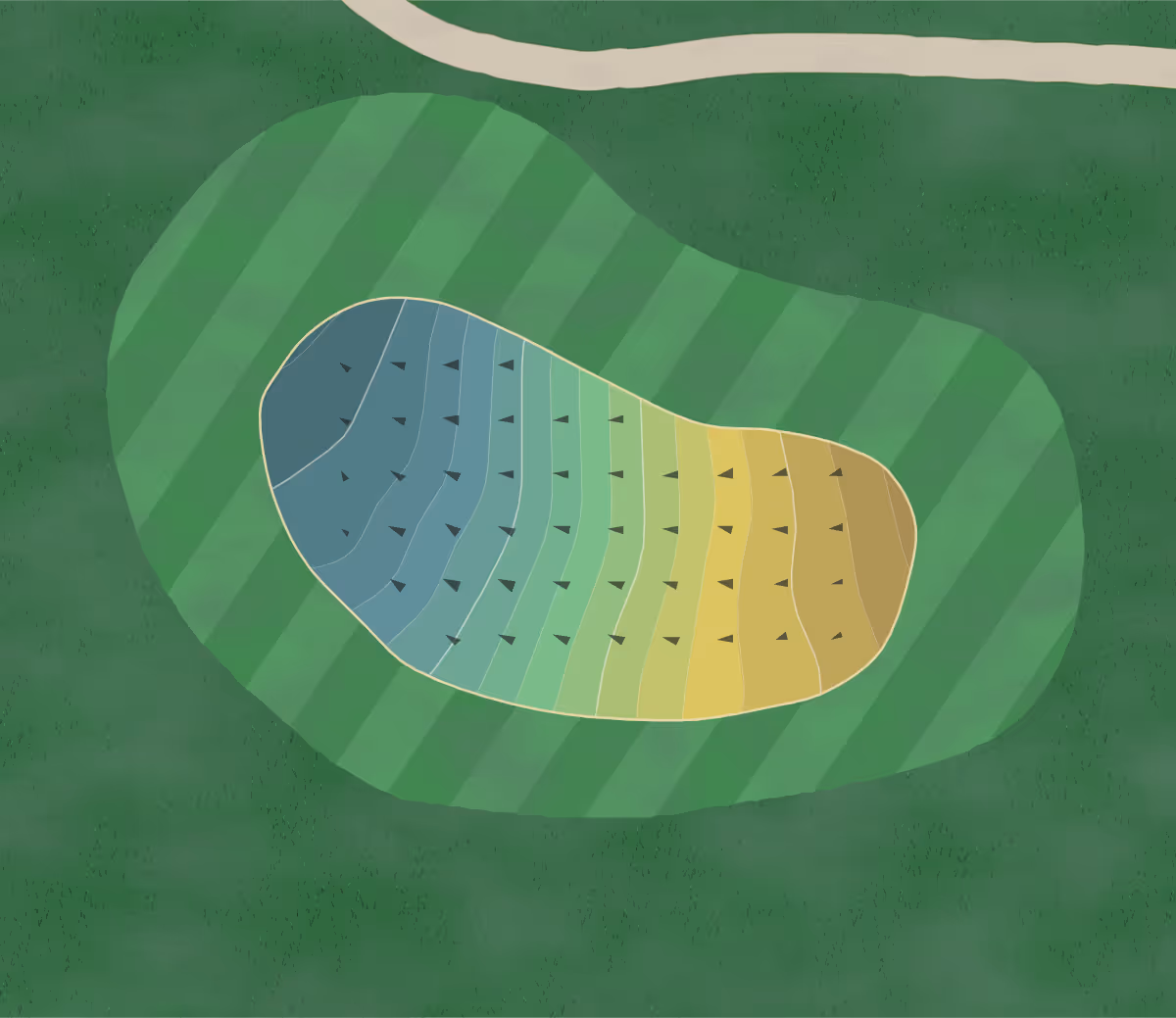 Green contour map of Millstone GC in Elbridge, New York — 163 elevation contours at a 3-inch interval with fall-line arrows, traced from 1-meter lidar