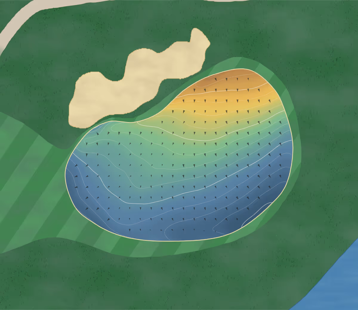 Green contour map of Millwoods in Edmonton, Canada — 201 elevation contours at a 8-centimeter interval with fall-line arrows, traced from 1-meter lidar