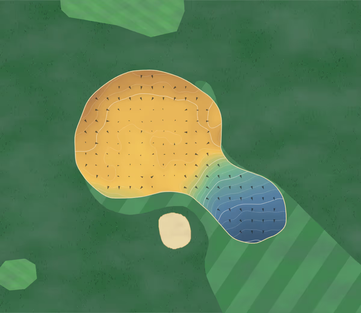 Green contour map of Milnathort in Kinross, Scotland: 35 elevation contours at a 8-centimeter interval with fall-line arrows, traced from 1-meter lidar