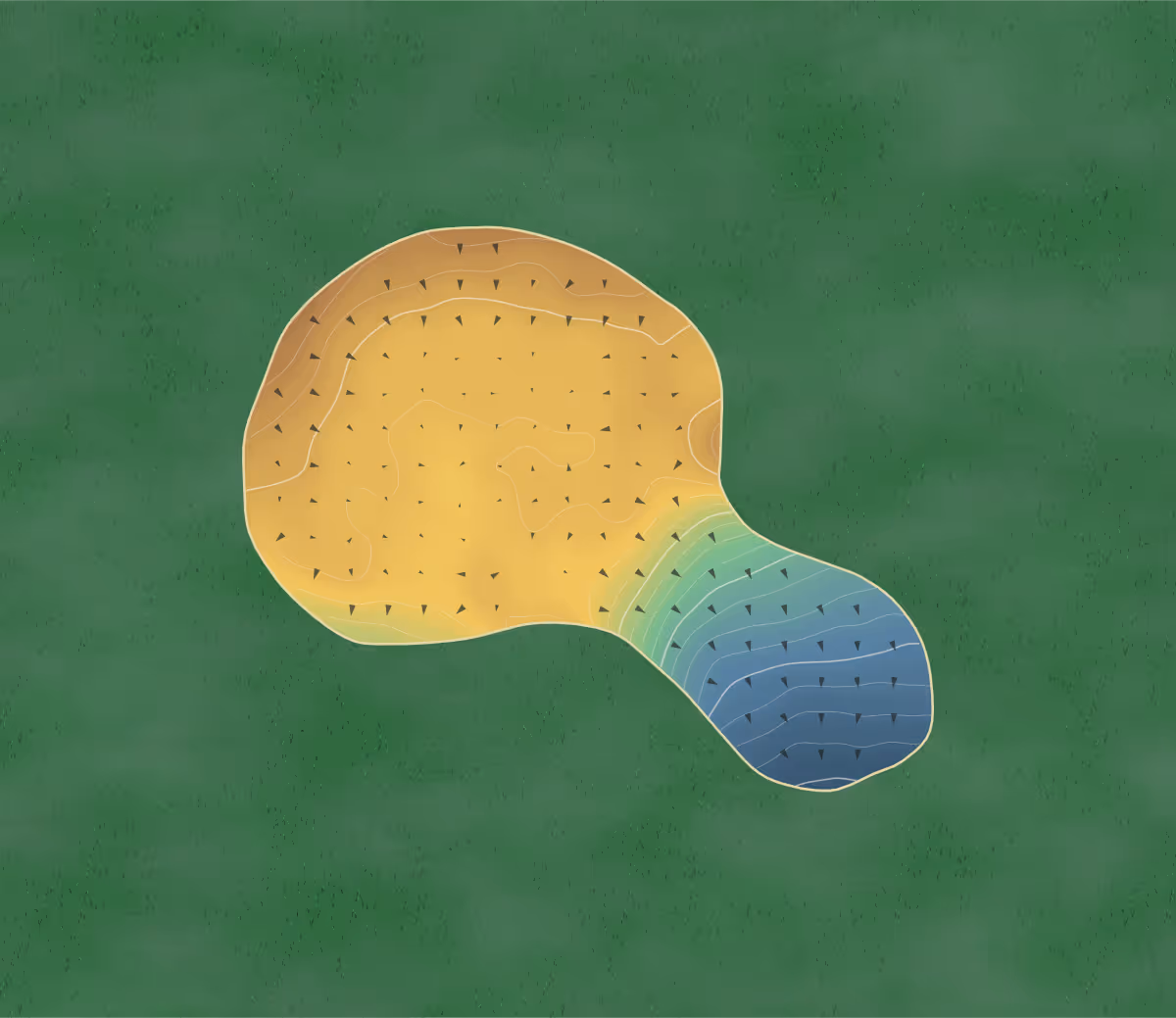 Green contour map of Milnathort in Kinross, Scotland — 35 elevation contours at a 8-centimeter interval with fall-line arrows, traced from 1-meter lidar