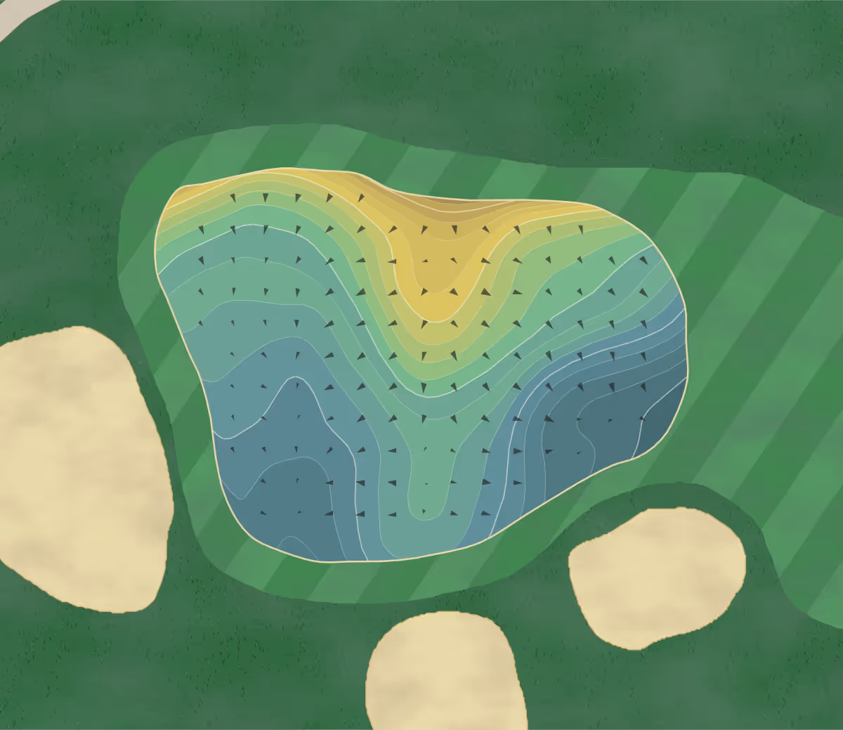 Green contour map of The Mines in Grand Rapids, Michigan — 269 elevation contours at a 3-inch interval with fall-line arrows, traced from 1-meter lidar
